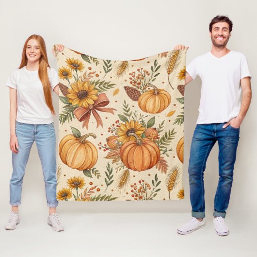 Cozy Autumn Pumpkin and Sunflower Pattern フリースブランケット (インサイチュ)