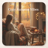 Cozy Autumn Vibes | Personalized Fall Cabin Window スクエアペーパーコースター (正面)