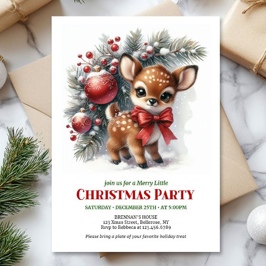 Cozy baby deer winter scene watercolor printable  招待状