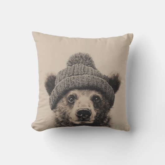 Cozy Bear in Beanie - Cute Winter Animal  クッション (正面)