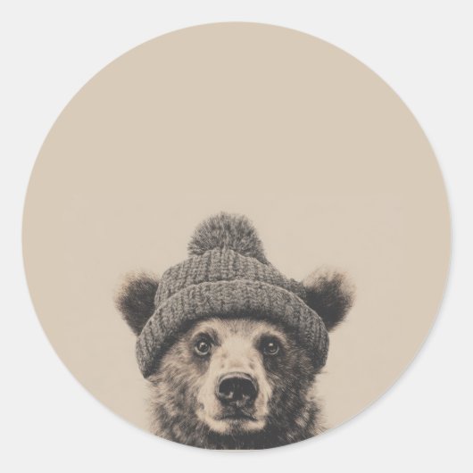 Cozy Bear in Beanie - Cute Winter Animal  ラウンドシール (正面)