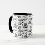 Cozy Black and White Cat on Books Pattern Mug マグカップ (正面左)