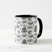 Cozy Black and White Cat on Books Pattern Mug マグカップ (正面右)
