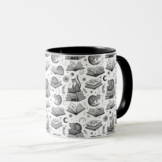 Cozy Black and White Cat on Books Pattern Mug マグカップ (正面右)