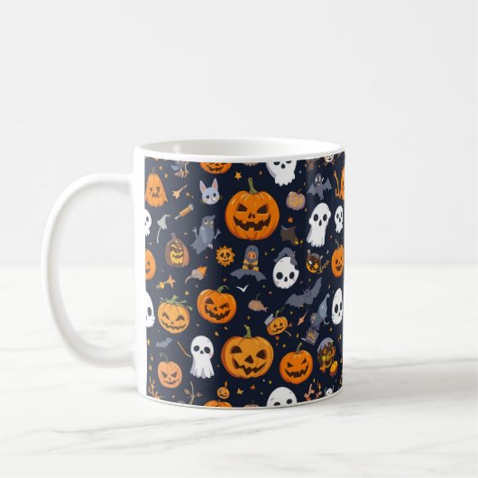 Cozy Black Background Ghost & Pumpkin All-Over Pat コーヒーマグカップ (左)