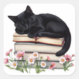 Cozy Black Cat Sleeping on Books Sticker  スクエアシール