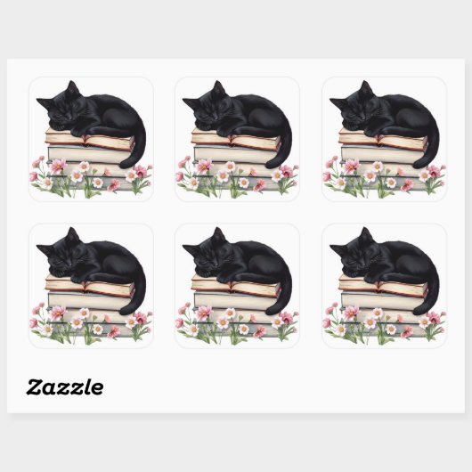 Cozy Black Cat Sleeping on Books Sticker  スクエアシール (シート)