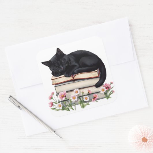 Cozy Black Cat Sleeping on Books Sticker スクエアシール (封筒)