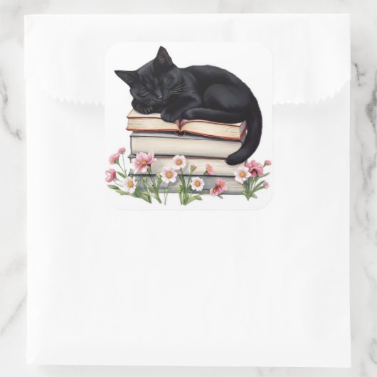 Cozy Black Cat Sleeping on Books Sticker スクエアシール (バッグ)