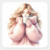 Cozy Blonde Girl Sticker – Watercolor Winter  スクエアシール (正面)