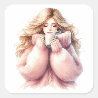 Cozy Blonde Girl – Watercolor Winter Sticker スクエアシール