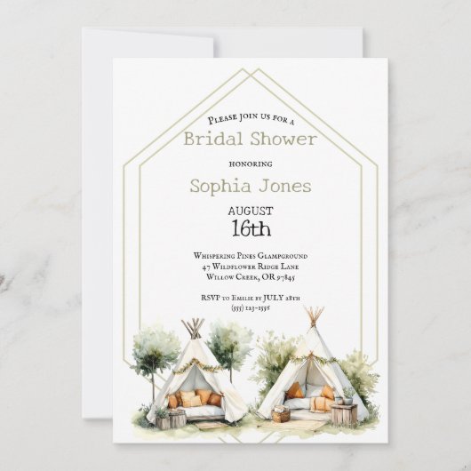 Cozy boho Glamping teepee bridal shower sleepover 招待状 (正面)