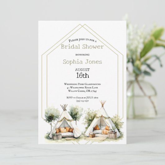 Cozy boho Glamping teepee bridal shower sleepover 招待状 (スタンド正面)