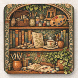 Cozy book shelf books artist supplies coffee コースター