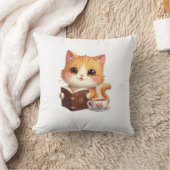 Cozy Bookish Cat Throw Pillow – Cute Tea & Reading クッション (ブランケット)