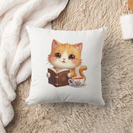 Cozy Bookish Cat Throw Pillow – Cute Tea & Reading クッション (ブランケット)