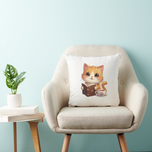 Cozy Bookish Cat Throw Pillow – Cute Tea & Reading クッション (椅子)