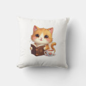 Cozy Bookish Cat Throw Pillow – Cute Tea & Reading クッション (正面)