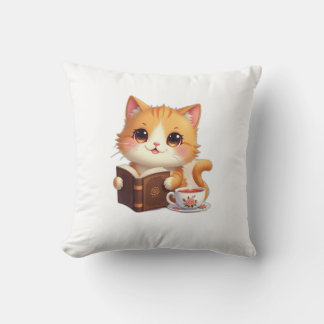 Cozy Bookish Cat Throw Pillow – Cute Tea & Reading クッション