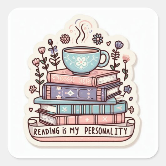 Cozy Bookstack & Coffee Sticker - Reading Is My Pe スクエアシール (正面)
