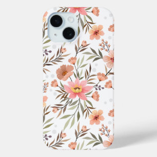 Cozy Botanical Peach Floral Polka Dot iPhone 15 15ケース