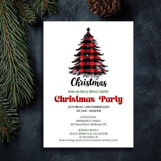 Cozy Buffalo Check Christmas Tree Party Invite 招待状