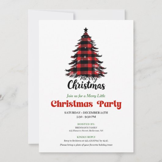 Cozy Buffalo Check Christmas Tree Party Invite 招待状 (正面)