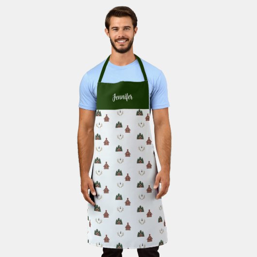 Cozy cabin monogram name Christmas エプロン (着用した状態)