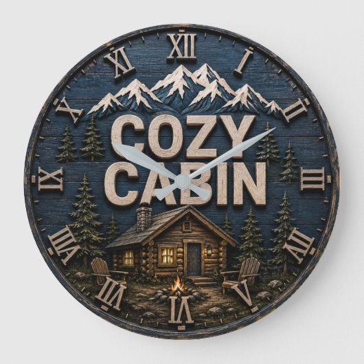 Cozy Cabin Rustic Mountain Log Cabin Lodge ラージ壁時計 (正面)
