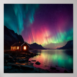 Cozy Cabin Under Northern Lights Fjord Scene ポスター