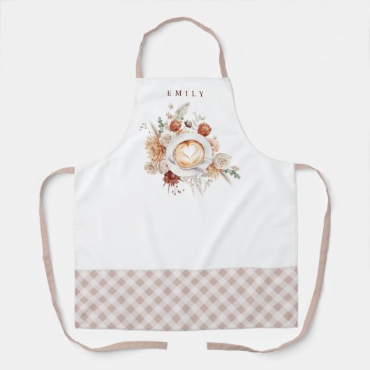 Cozy Cafe Latte Floral with Name エプロン (正面)
