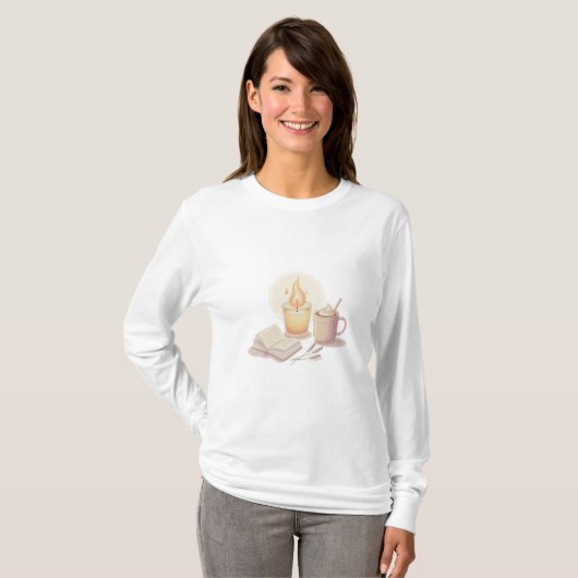 Cozy Candle and Hot Chocolate Illustration Tシャツ (正面フル)