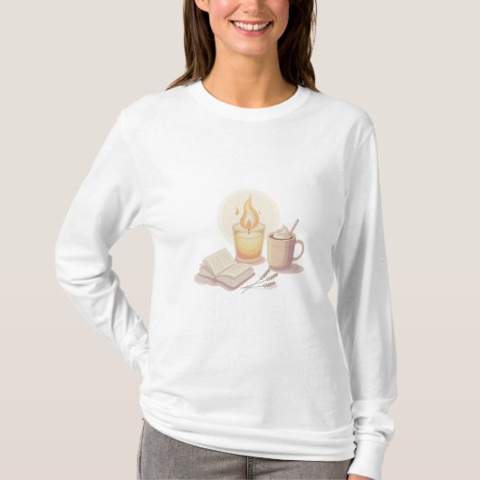 Cozy Candle and Hot Chocolate Illustration Tシャツ (正面)