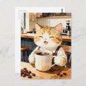 Cozy Cat Barista Watercolor Art ポストカード (正面/裏面)
