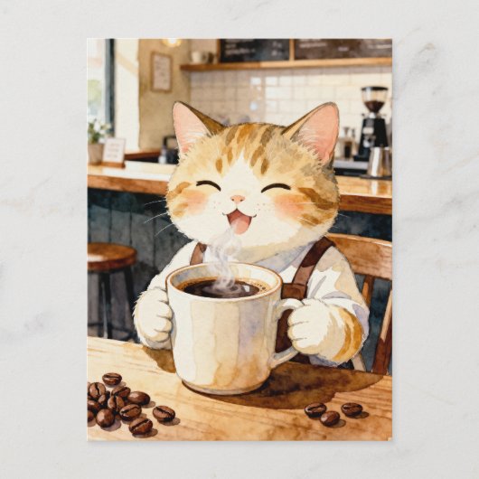Cozy Cat Barista Watercolor Art ポストカード (正面)