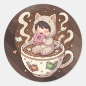 Cozy Cat Coffee Adventure Art ラウンドシール (正面)