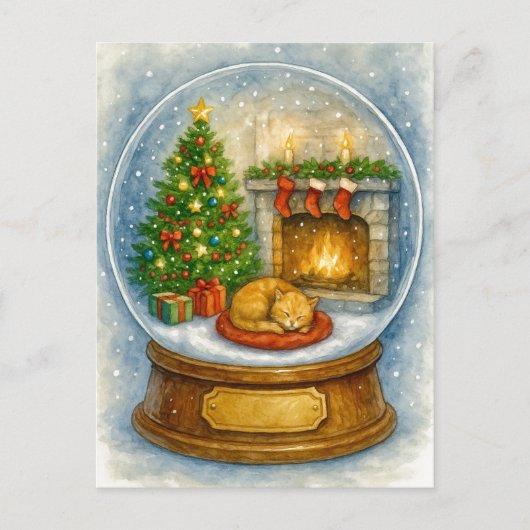 Cozy Cat Fireplace Christmas Snow Globe Postcard シーズンポストカード (正面)