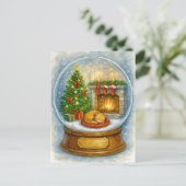 Cozy Cat Fireplace Christmas Snow Globe Postcard シーズンポストカード (スタンド正面)
