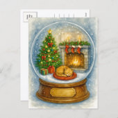 Cozy Cat Fireplace Christmas Snow Globe Postcard シーズンポストカード (正面/裏面)