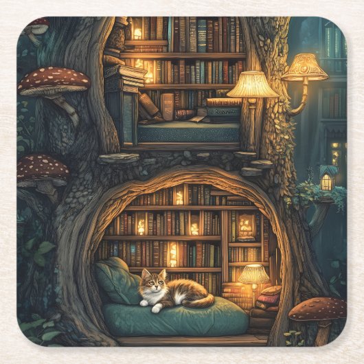 Cozy Cat in a Magic Treehouse Library スクエアペーパーコースター (正面)