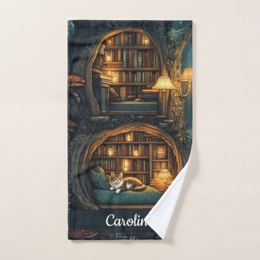 Cozy Cat in a Magic Treehouse Library ハンドタオル (ハンドタオル)
