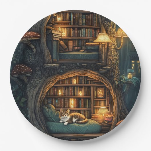Cozy Cat in a Magic Treehouse Library ペーパープレート (正面)