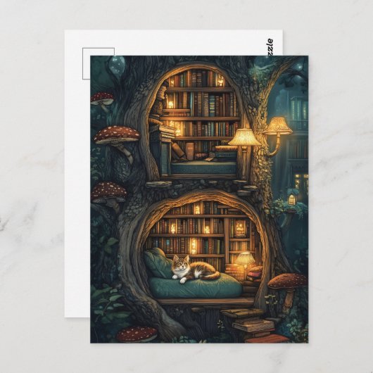 Cozy Cat in a Magic Treehouse Library ポストカード (正面/裏面)