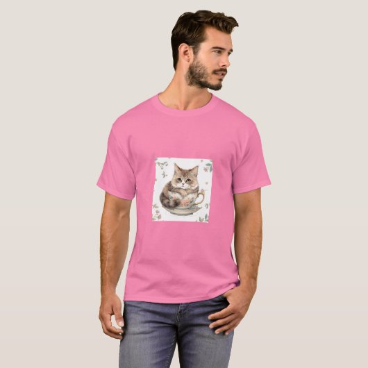 Cozy Cat in Teacup Illustration Tシャツ (正面フル)