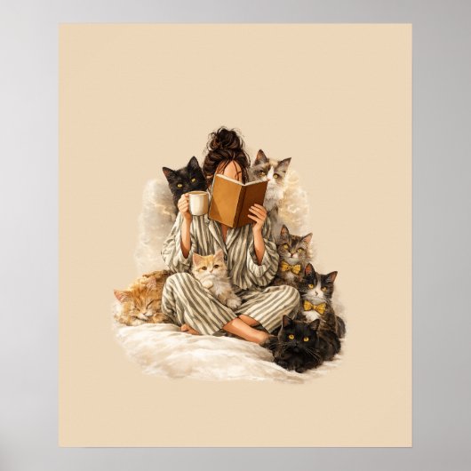 Cozy Cat Lady Reading & Coffee Poster ポスター (正面)