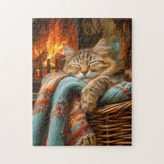 Cozy Cat Sleeping in Basket by Warm Fireplace ジグソーパズル (縦)