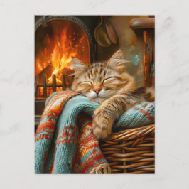 Cozy Cat Sleeping in Basket by Warm Fireplace ポストカード