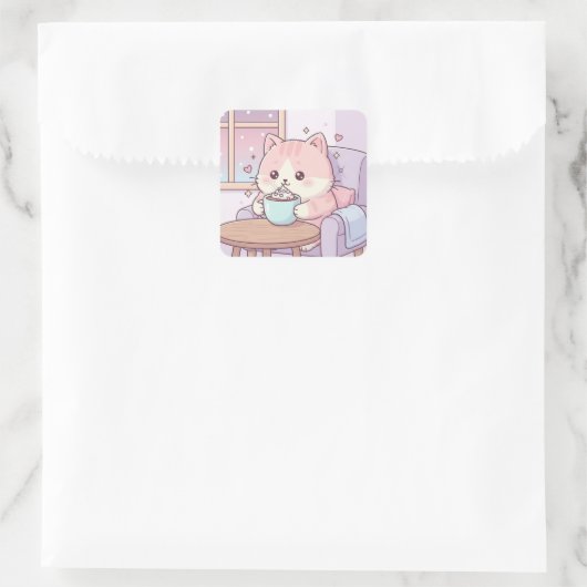 Cozy Cat Sticker – Cute Kawaii Pastel スクエアシール (バッグ)