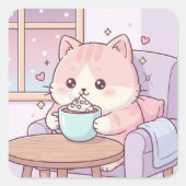 Cozy Cat Sticker – Cute Kawaii Pastel スクエアシール (正面)