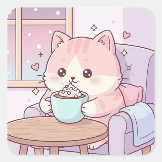Cozy Cat Sticker – Cute Kawaii Pastel スクエアシール (正面)